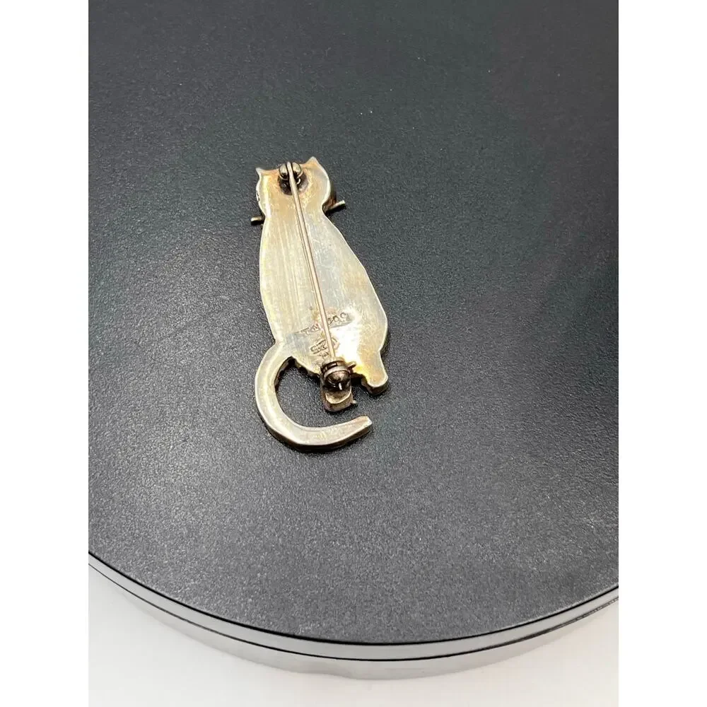 TM 299 Vintage Taxco‎ Designer Sterling Silver Striped Cat Feline Brooch 1980’s